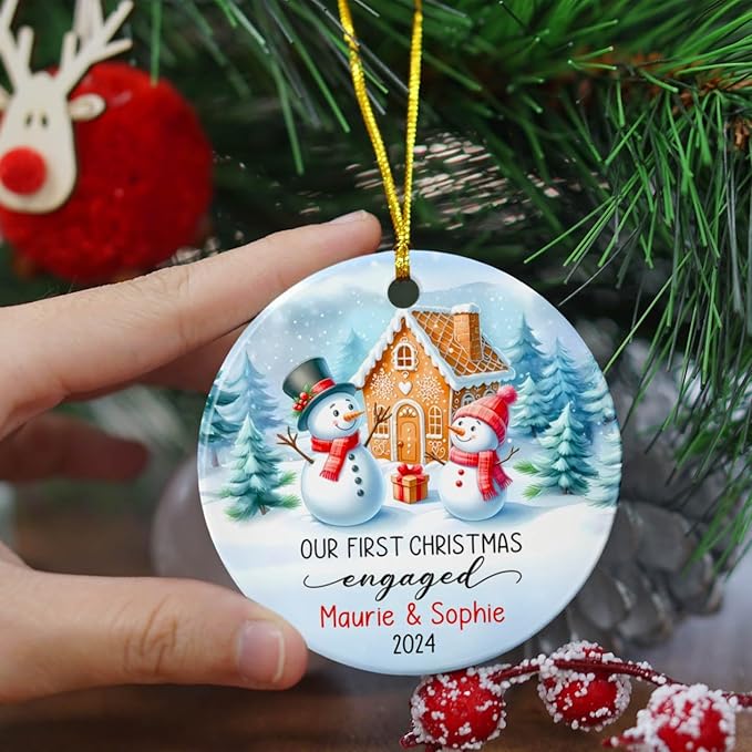 Personalized Engagement Ceramic Ornament 2025, Gifts for Newly Engaged Couples, Our First Christmas Engaged Ornament, Custom Year & Names Couple Snowman Just Engaged Ornament, Happy Engagement Gift