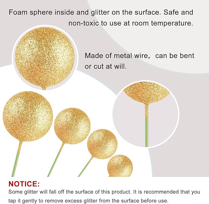 ASTARON 20 Pcs Mini Balloons Cake Topper Sticks - Glitter Gold Ball Picks for Christmas Birthday Decorations