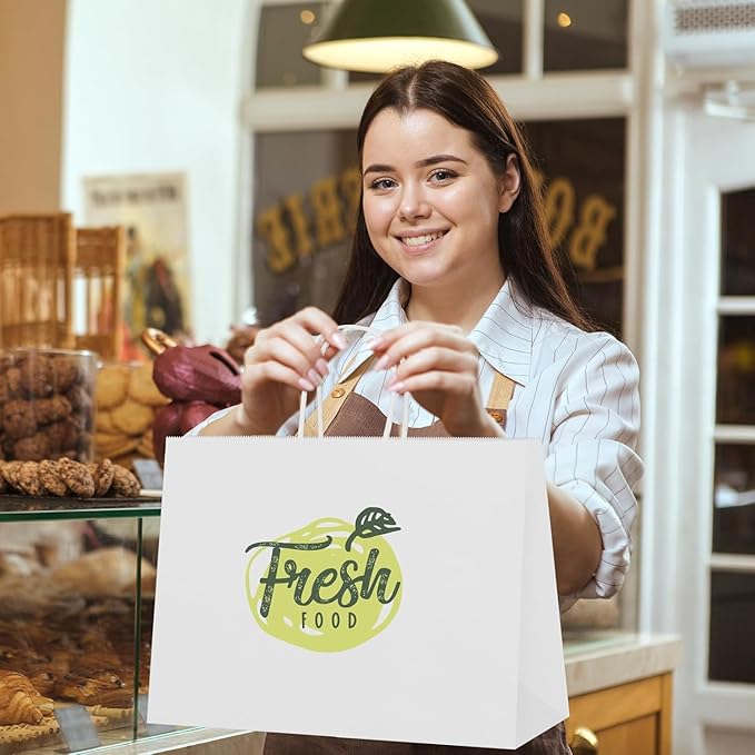 MESHA Gift Paper Bags 200 Pack 16X6X12 White Large Shopping Kraft Bags Bulk with Handles Reusable for Business,Grocery,Birthday,Wedding,Kids Party,Favors