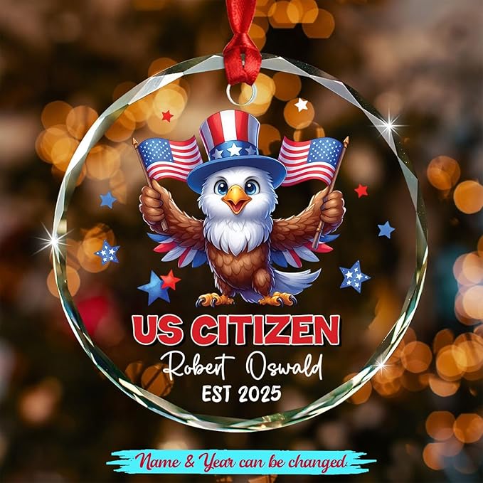 Novelty Owl US Citizen Glass Xmas Ornament Gift for New U.S. Citizenship, Personalized Year Name New American Citizen Christmas Ornament 2025, Custom USA Citizens Hanging Ornament Gift for Patriotic