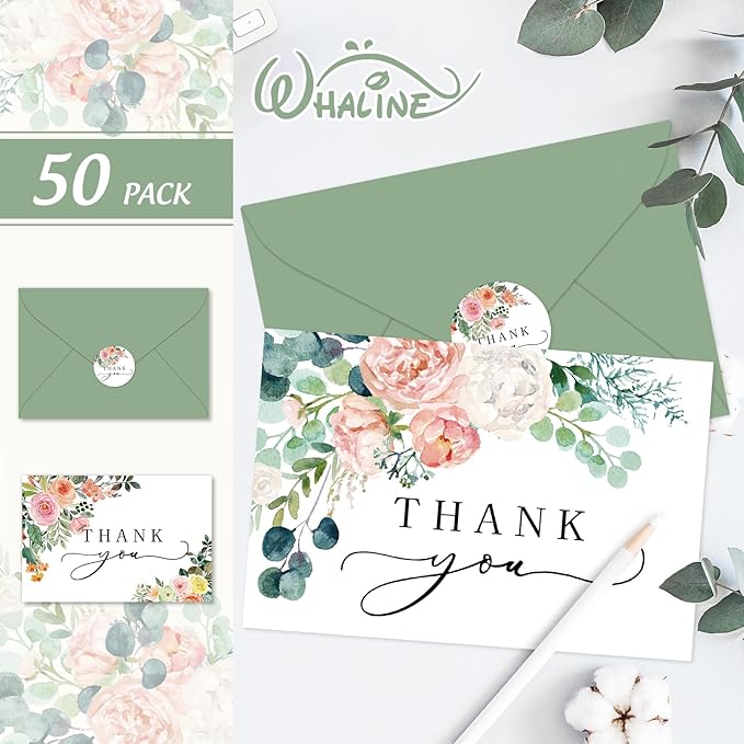 Whaline 50 Pack Floral Thank You Cards Boxed Watercolor Flower with Green Leaves Blank Note Cards with Envelopes Stickers Greeting Card for Spring Wedding Birthday