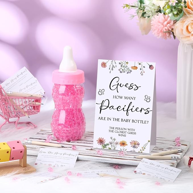 Roowest 512 Pcs Baby Shower Games Guess How Many Pacifiers Sign 100 Small Guessing Games 10 HB Pencils 750ml Milk Bottle 400 Acrylic Pacifiers Decoration for Guest Gender Reveal(Pink,Wild Flower)