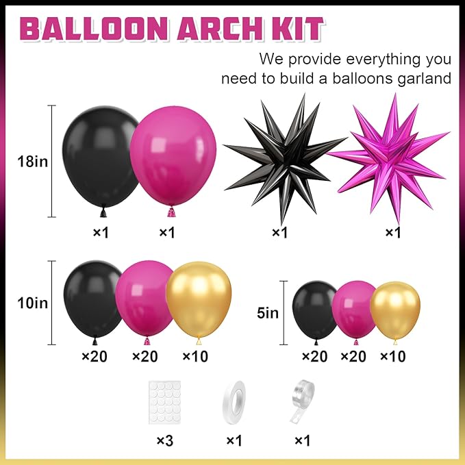 Hot Pink Black Balloon Arch Kit,Balloon Garland with Black Hot Pink Star Foil Balloons Metallic Gold Balloons for Birthday Baby Shower Wedding Engagement Anniversary Party Decorations