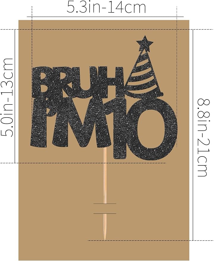 Bruh I’m 10 Cake Topper - Glitter Black 10th Birthday Cake Decorations, 10 Years Old Birthday Cake Smash Decor (10)