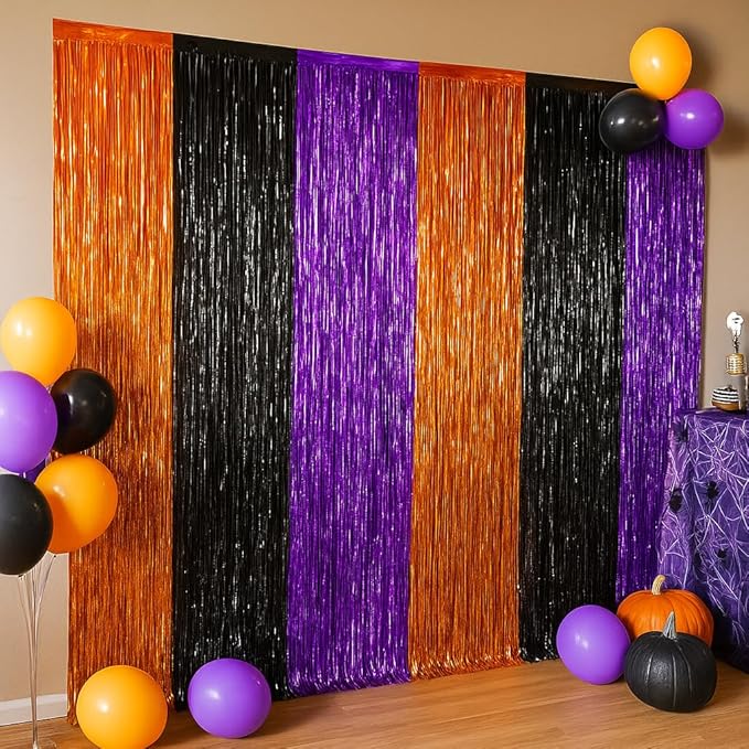 KatchOn, Orange Black and Purple Foil Fringe Curtain - XtraLarge 3.2x6.5 Feet, Pack of 2 | Streamers for Birthday, Bachelorette, Engagement | Fringe Backdrop for Halloween Party Decorations