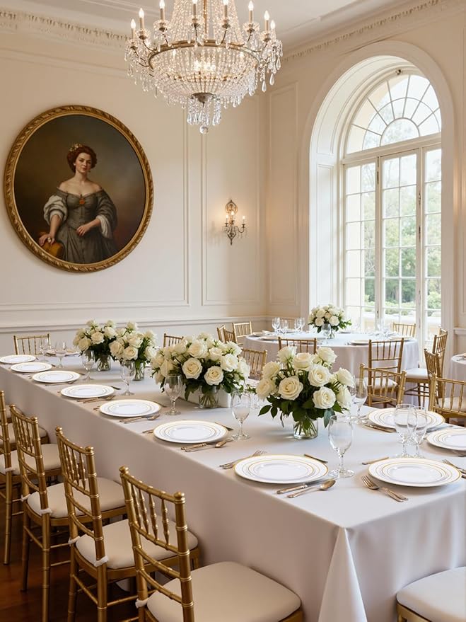 WDF 175PCS White and Gold Plastic Plates - Gold Plates Disposable - 25 Guest Thanksgiving Disposable Dinnerware Sets Include 50 Plate, 25 Cutlery, 25 Napkins and 25 Cups for Party/Thanksgiving/Wedding