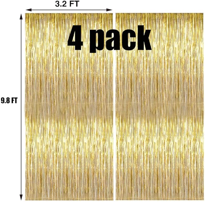 Gold Foil Fringe Curtains Metallic Tinsel Shimmer Curtain Party Backdrop Decorations,Pack of 4