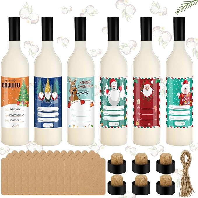 6 Set Coquito Bottles 25 oz Christmas Glass Bottles Brewing Bottles for Homemade Coquito with Christmas Writable Label Stickers Twine Wine Bottles with Airtight Cap for Home Party Milk Eggnog