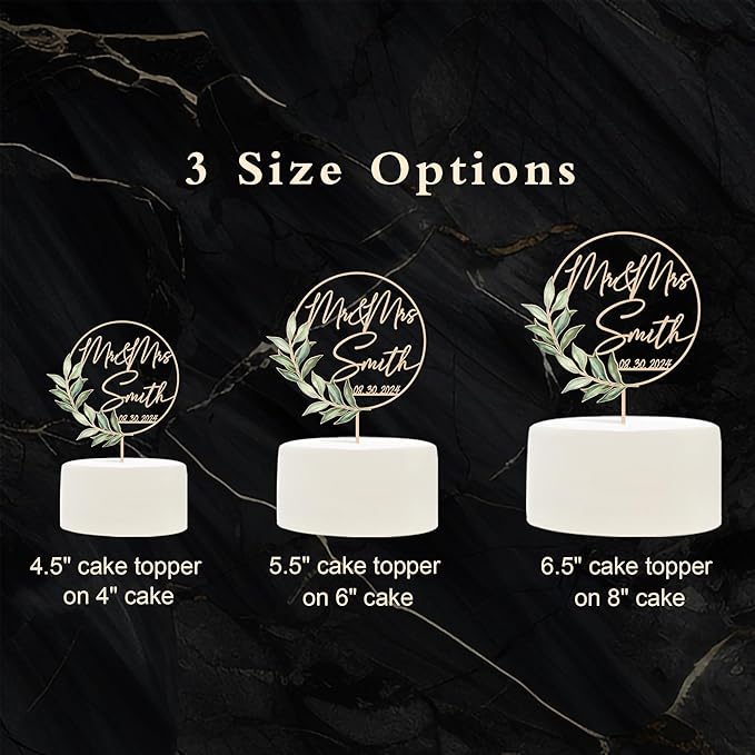 Wedding Cake Topper Mr & Mrs Personalized Last Name Date Green Leaves Wooden Cake Topper Wedding Anniversary Keepsake