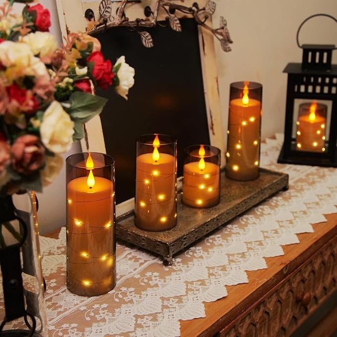 Homemory Flameless Candles with Embedded Star String Fairy Lights, Battery Operated Candles, LED Candle, Fake Candles with Remote Control and Timer for Halloween, Gray Acrylic, Set of 5(H4"5"6"8"8")