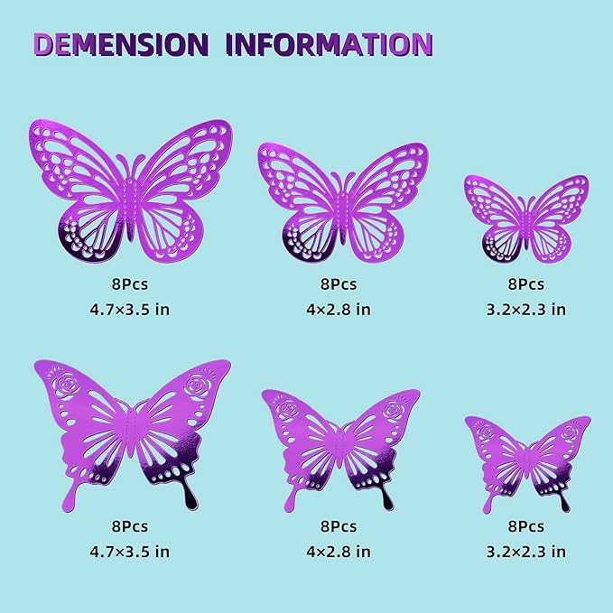 Purple Butterfly Decorations, 48Pcs 2 Styles 3 Sizes Butterflies for Grad Graduation Caps Cake Cupcake Toppers, 3D Paper Sticker for Bouquets Birthday Baby Shower Kids Girl Room Nursery Wall Decor