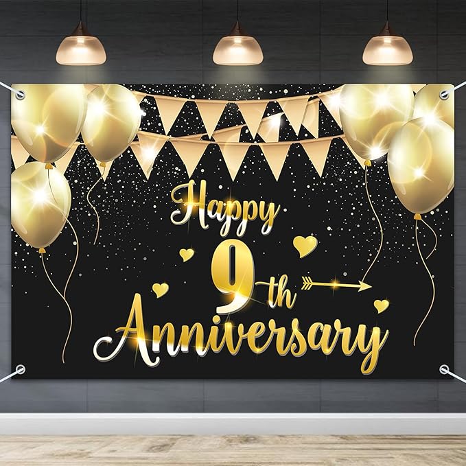 HAMIGAR 6x4ft Happy 9th Anniversary Banner Backdrop - 9 Wedding Anniversary Decorations Party Supplies - Black Gold