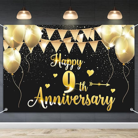 HAMIGAR 6x4ft Happy 9th Anniversary Banner Backdrop - 9 Wedding Anniversary Decorations Party Supplies - Black Gold