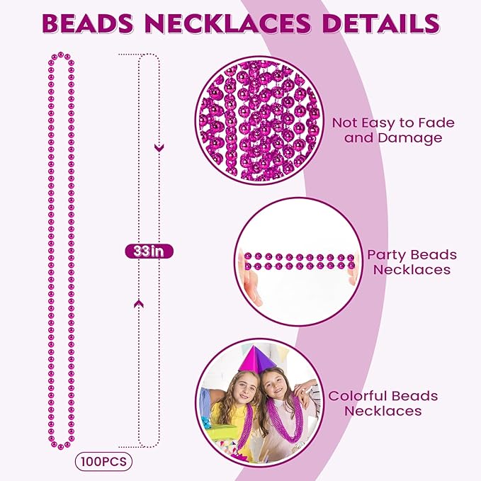 SHAOQINLIN 100 PCS Breast Cancer Awareness Necklaces, Hot Pink Bead Necklace, 30.5" Breast Cancer Awareness Bead Necklaces Accessories for Parade Throw Supplies