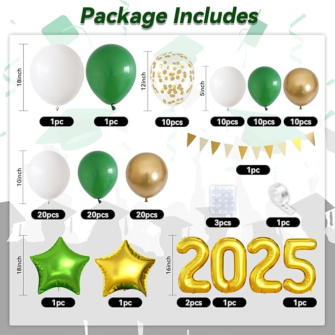 Green Gold White Balloons Arch Kit with Star Balloon Pennant Flag Bunting 2025 Foil Balloon Banner Green Gold Confetti Balloons Garland for Class of 2025 Graduation Theme Birthday Party Supplies