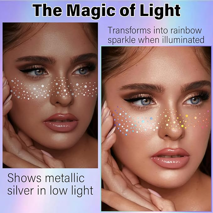 10 Pcs Face Holographic Laser Makeup Patches, Holographic Multichrome Glitter Freckles Face Tattoo, Glitter Freckles, Sparkle and Waterproof Face Glitter Temporary Tattoos for Women
