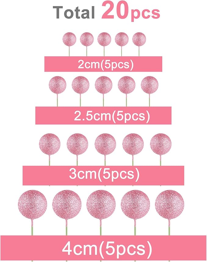 ASTARON 20 Pcs Mini Balloons Cake Topper Sticks Pink Glitter Balls Cake Picks for Wedding & Birthday