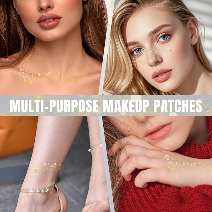 Glitter Freckles - 6PCS Gold & Sparkle Temporary Tattoos | Waterproof Face Jewels for Women & Kids, Cute Shimmer Makeup Patches