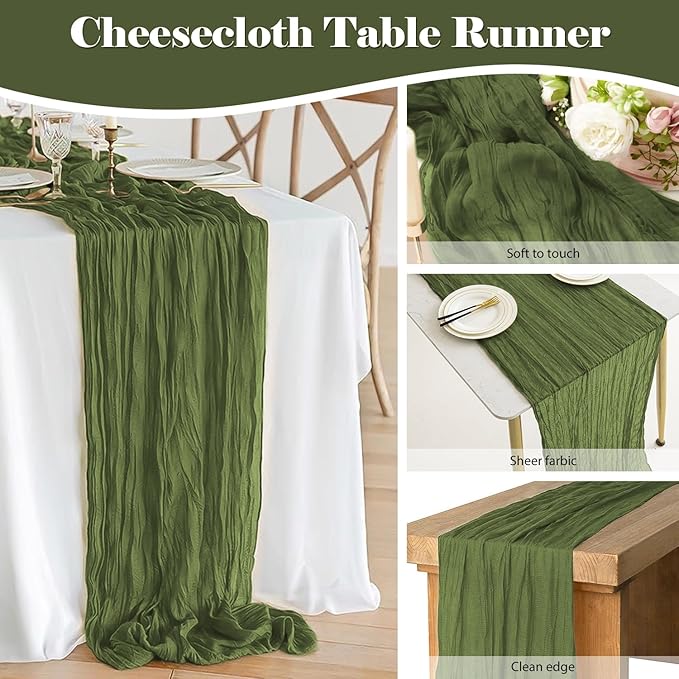 2 Pack 10 Ft Cheesecloth Table Runner Olive Green Gauze Long Table Runners Boho Gauze Cheese Cloth Table Runner Rustic Sheer Runner for Wedding Party Table Decor ( 35 x 120 Inch )