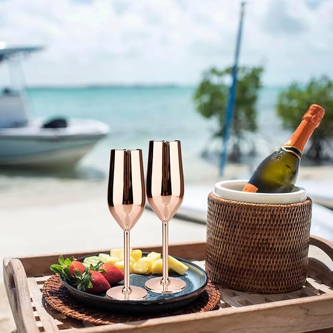 TJ Unbreakable 8 Oz Stainless Steel Champagne Flutes (2 Pack)- Rose Champagne Glasses - Reusable Indoor Outdoor Drinkware - Keeps Drink Cool for Longer - Gift Idea