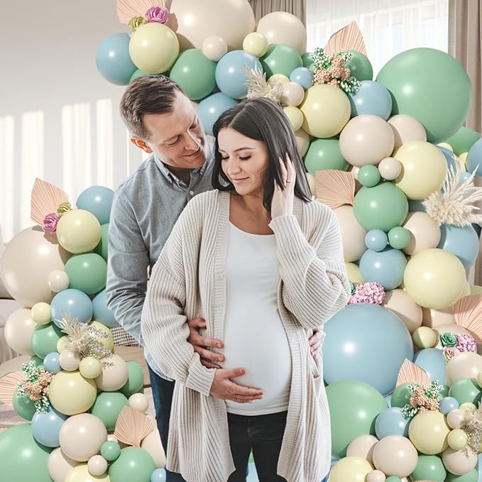 Blue and Yellow Balloon Garland, Pastel Yellow Dusty Blue White Sand Balloon Arch White Avocado Green Balloon for Kids Theme Baby Shower Birthday Bridal Wedding Party Decorations