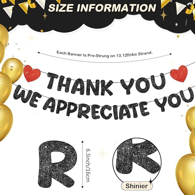 Fulmoon Pre Strung Thank You We Appreciate You Glitter Banner Funny Appreciation Banner for Employee Coworker Staff Teacher Thank Sign Party Decorations (Black)