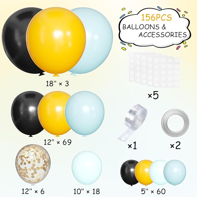Black Yellow Blue Balloon Garland Arch Kit, 156 Matte Black Mustard Yellow Pastel Blue Balloons for Birthday Wedding Anniversary Baby Shower Bridal Party Decoration