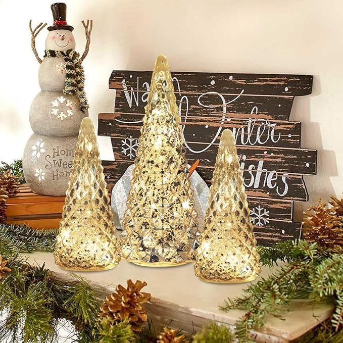 Christmas Decorations Indoor, YEAHOME Set of 3 Pre-lit Gold Glass Christmas Tree for Home Decor, Christmas Table Decorations Lighted Xmas Tree with Timer for Living Room Mantel Tabletop Party