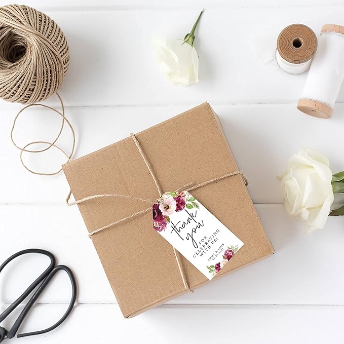Andaz Press 100-Pack Personalized Fall Burgundy Marsala Wedding Favor Tags with Bakers Twine 2 x 3.75-Inch Tags for Party Favors and Gift Wrap