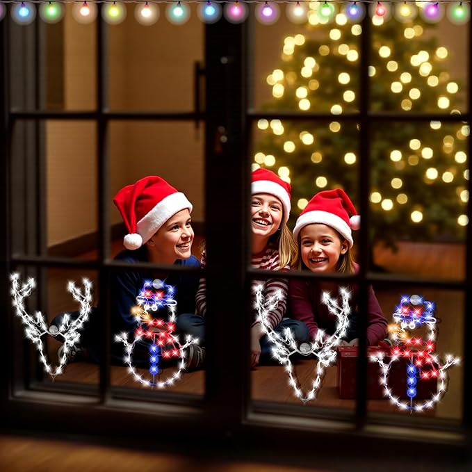 Christmas Window Silhouette LED Lights Decorations 16", Pack of 2 Sign Lighted Snow Man and deer head 16"Plug-in Christmas Window Lights with 50 Bulbs for Holiday Indoor Wall Door Glass Decor