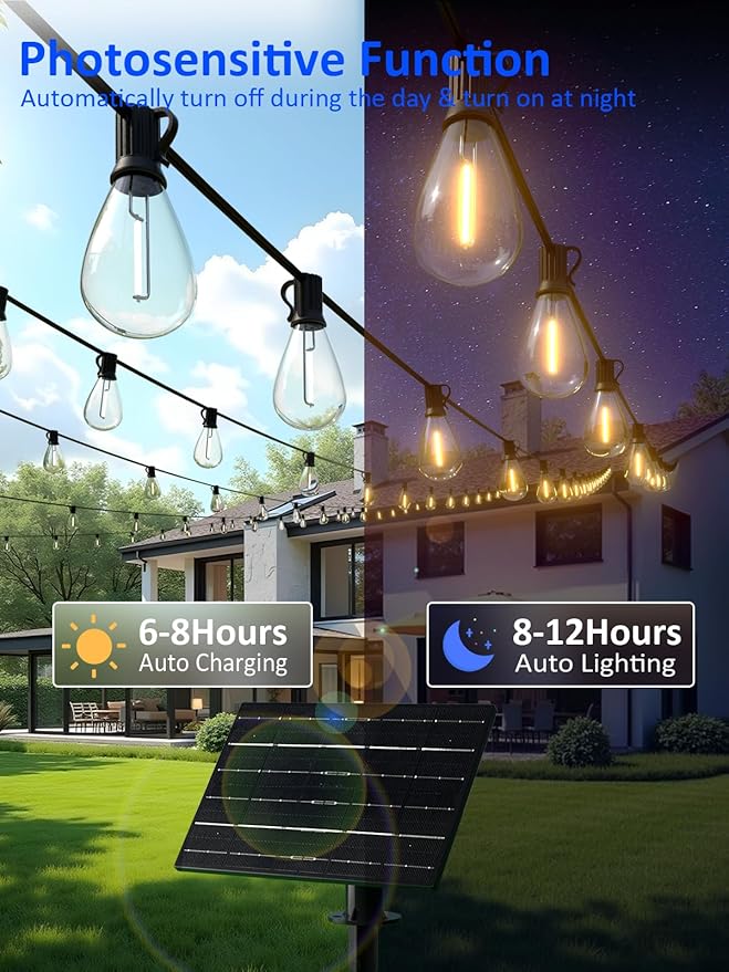 luckystyle 200FT Solar String Lights Outdoor Waterproof with 72+4 LED Bulbs Long Last for 20+Hrs, Commercial Grade Shatterproof Patio Solar Powered Lights for Camping，Backyard, Garden, Porch Decor