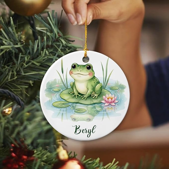Funny Frog Christmas Holiday Ornament, Frog Ceramic Ornament with Personalized Name, Gift for Dad Mom Friends Coworkers Nature Lover, Frogs with Nature Keepsake Decor, Customized Animal Ornaments