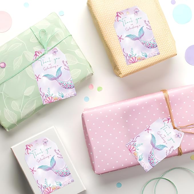 G2PLUS Mermaid Thank You Tag, 50PCS Thank You for Splashing by Tags, Mermaid Birthday Gift Tag, Ocean World Paper Gift Tags with String for Girl Birthday Baby Shower Undersea Theme Party Favors