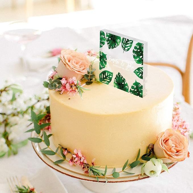 Andaz Press Tropical Greenery Monstera Leaves Names Date Custom Wedding Cake Topper, Acrylic Square Personalized Couple Cake Topper