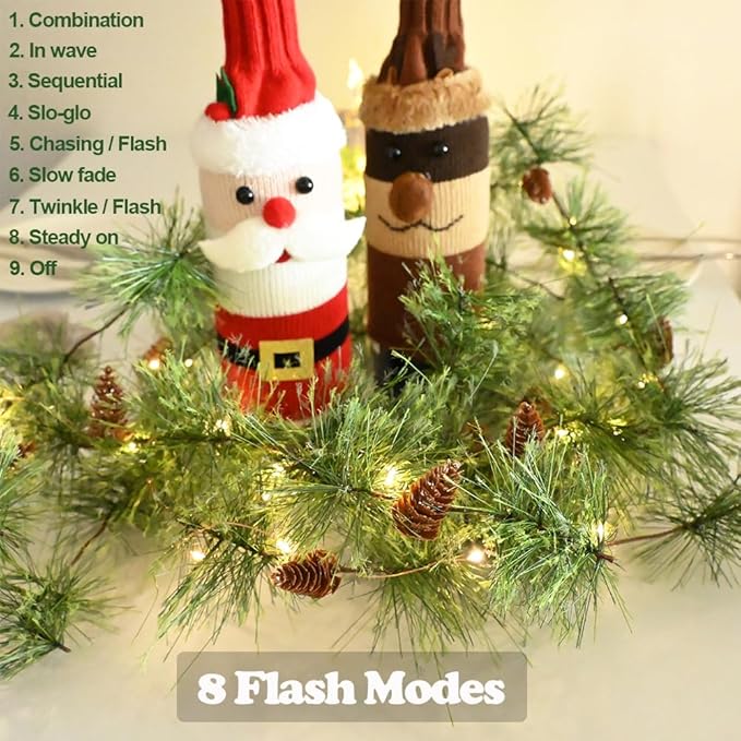 Christmas Garland with 30 LED Fairy Lights 6.56FT Battery Operated Smokey Pine Garlands with Pine Cones Artificial Greenery Garland Rustic Garland with Pinecones for Xmas Holiday Decorations