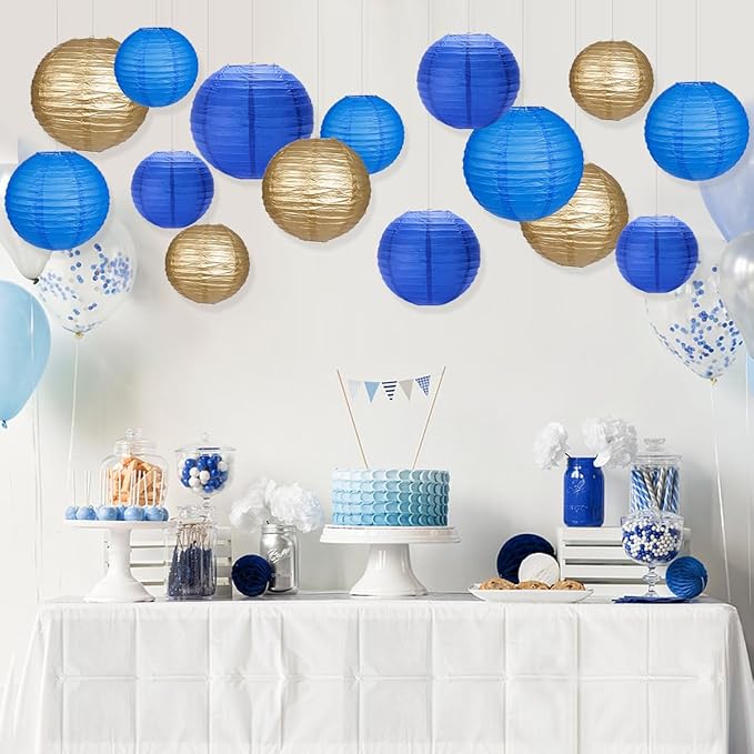 Paper Lanterns Party Decorations, Round Hanging Paper Lanterns Decorations for Graduation Anniversary Under The Sea Birthday Party Supplies Blue Gold 15pcs