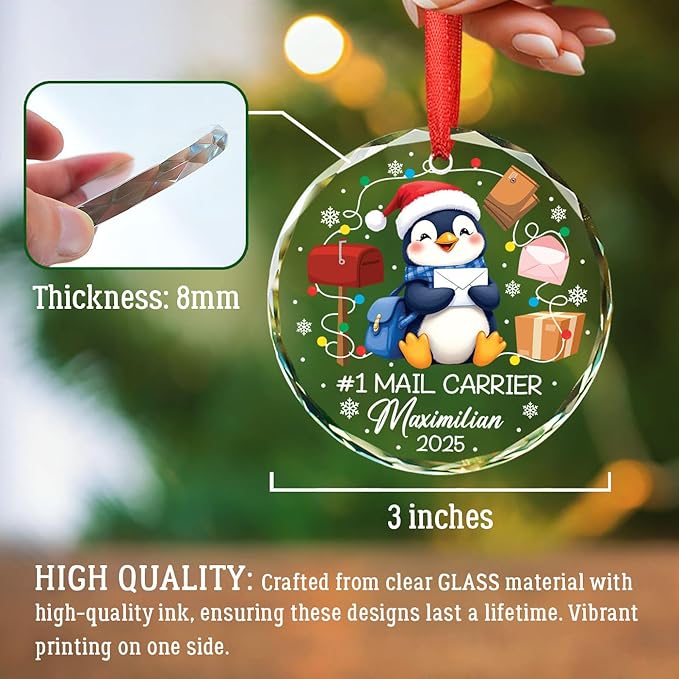 Personalized #1 Mail Carrier Christmas Glass Ornament, Best Mail Carrier Ever Ornament for Xmas Tree Decor, Custom Name Mailman Penguin Ornaments Xmas 2025, Postal Worker Christmas Keepsake Gift