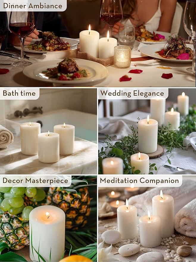 White Pillar Candles, Set of 3 Wax,56 Hours Long Burning,Unscented and Dripless Pillar Candles Bulk,Large Candles (3x4 inch) for Christmas Lights,Wedding,Parties, Spas,Home Decorative