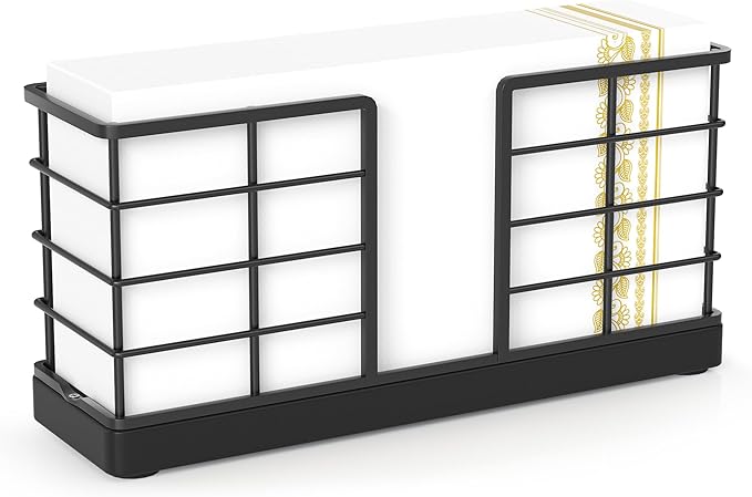 Wican Vertical Stance Bathroom Napkin Holder Takes Up Less Space for Small Guest Bathroom Oak and Iron Towel Tray for Powder Room Table Wooden Basket for Disposable Paper Hand Towels Matte Black