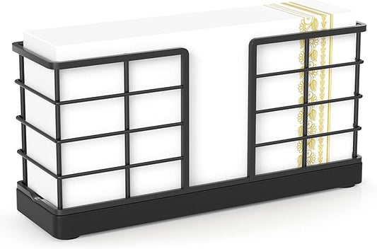 Wican Vertical Stance Bathroom Napkin Holder Takes Up Less Space for Small Guest Bathroom Oak and Iron Towel Tray for Powder Room Table Wooden Basket for Disposable Paper Hand Towels Matte Black