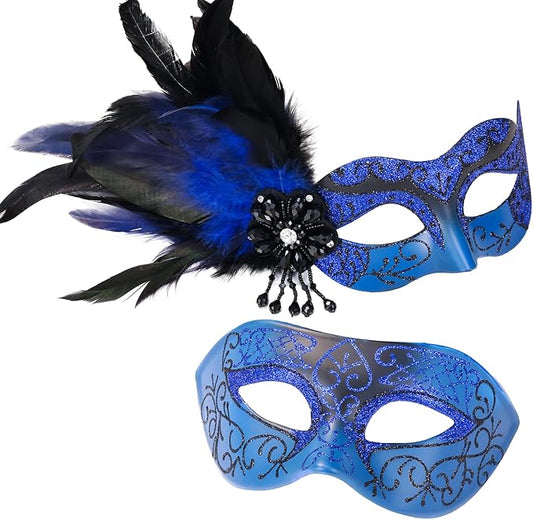 Blue Masquerade Mask for Couple -Mascarade Masks for Women with Feathers & Venetian Mask Men for Masquerade Party, Mardi Gras, Halloween Cosplay Prom, Christmas
