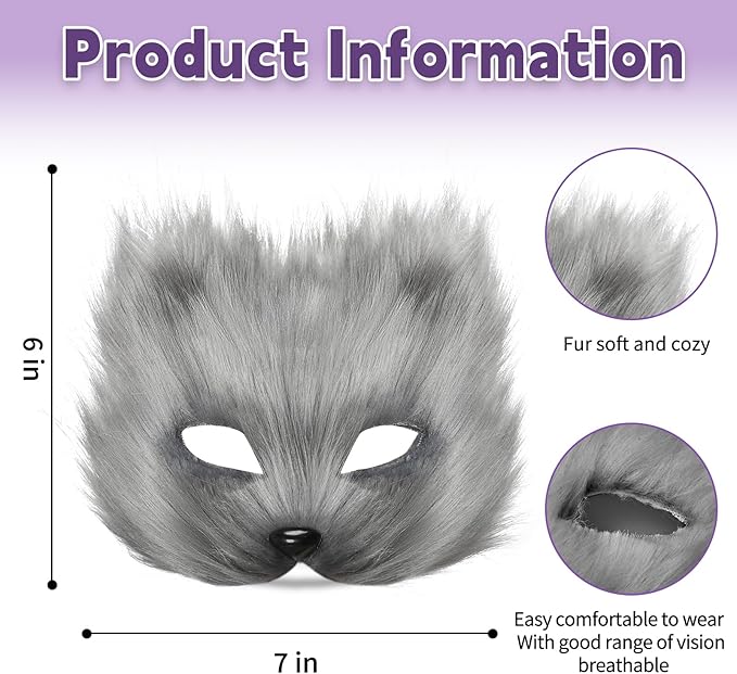 BADALU Therian Cat Mask and Tail Set - Furry Fox Wolf Mask with Leather Choker and Faux Fur Tail - Halloween Cosplay Party