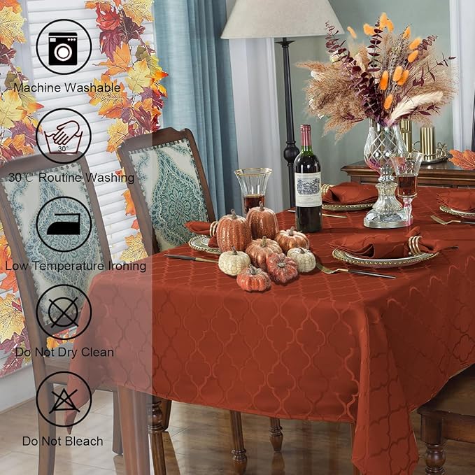 SASTYBALE Rust Red Damask Jacquard Tablecloth - 60x102 Inch Rectangle/Oblong (8-10 Seats) - Water Resistant, Wrinkle-Free Durable Fabric - Fall Thanksgiving & Christmas Daily Table Cover