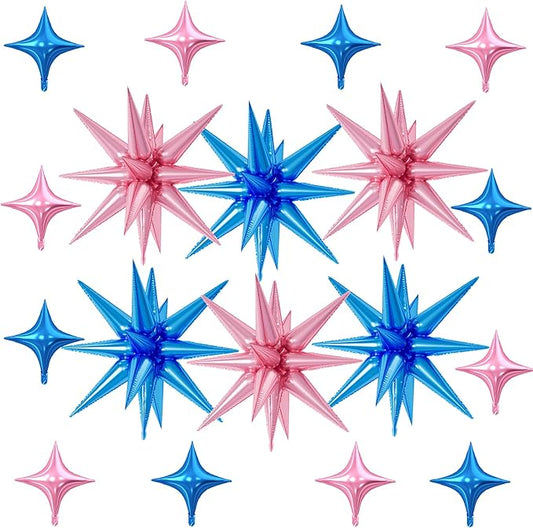 18 Pcs Pink Blue Star Balloons, Blue and Pink Balloon with 6 Pcs 22-Inch Explosion Star Balloons 12Pcs 10-Inch Four Pointed Stars Foil Balloon for Wedding Baby Shower Birthday Party Decoration