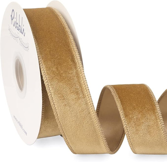 Ribbli Champagne Velvet Wired Ribbon 1.5 Inch Velvet with Satin Christmas Ribbon for Gift Wrapping Christmas Tree Decoration Crafts Wreaths Supplies-Continuous 10 Yards