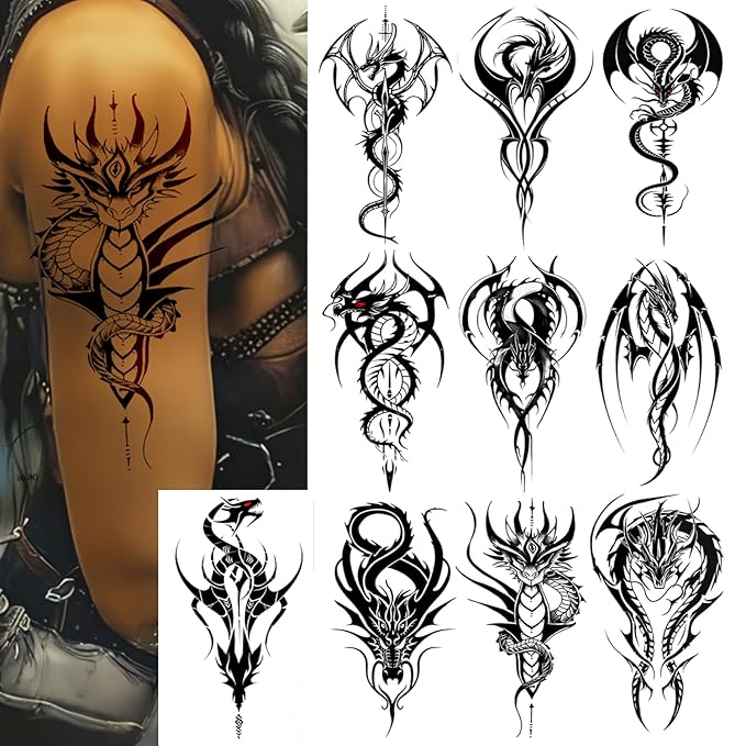 Temporary Tattoos for Men Women Fake Tribal Dragon Tattoo Stickers Waterproof Large 10 Sheets