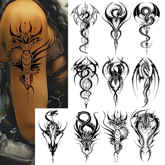Temporary Tattoos for Men Women Fake Tribal Dragon Tattoo Stickers Waterproof Large 10 Sheets