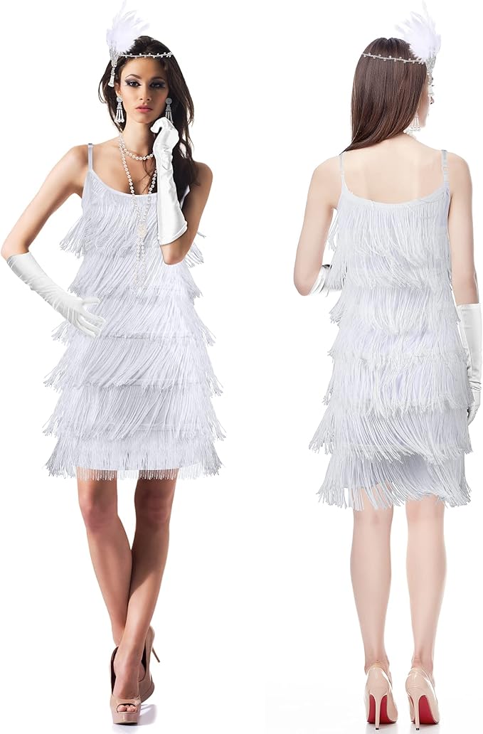 Zhanmai 6 Pcs Flapper Dress Flapper Costumes for Women 1920s Accessories Set Headband Pearl Necklace Earrings Gloves Stick