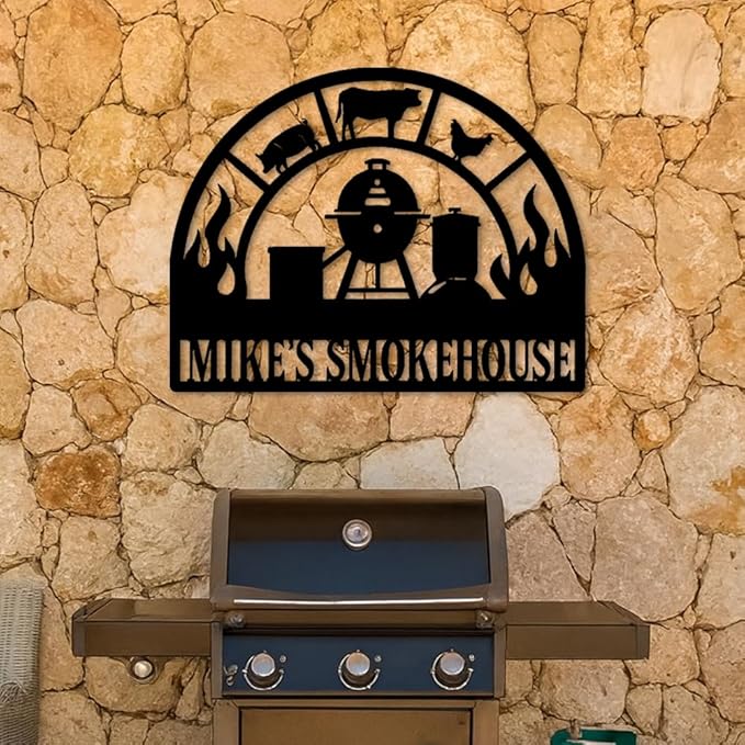 Custom Smokehouse Metal Sign, Personalized BBQ Grill and Smoker Plaque with Fire and Farm Animal Design, Outdoor Patio Yard Wall Decor for Barbecue Lovers, Rustic Christmas Birthday Gift