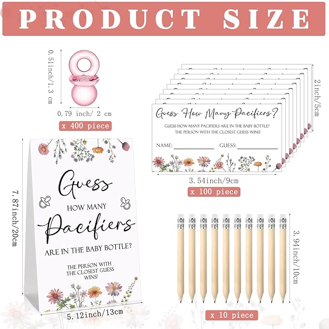 Roowest 512 Pcs Baby Shower Games Guess How Many Pacifiers Sign 100 Small Guessing Games 10 HB Pencils 750ml Milk Bottle 400 Acrylic Pacifiers Decoration for Guest Gender Reveal(Pink,Wild Flower)